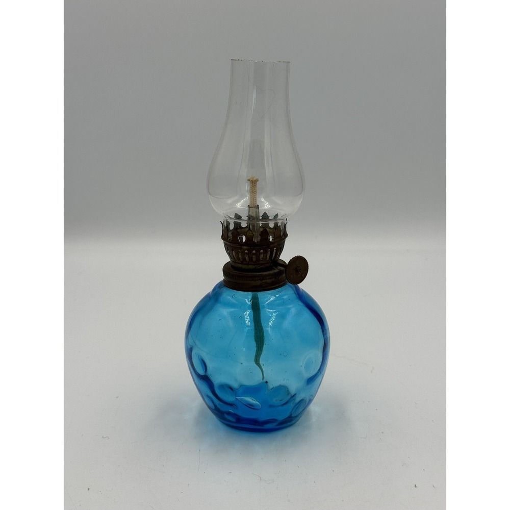 Vintage Mini Blue Glass Oil Lamp / Hurricane Lamp 8"